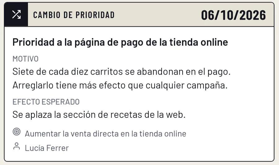 Decisión del 06/10/2026, de tipo cambio de prioridad: «Prioridad a la página de pago de la tienda online», con su motivo, el efecto esperado, el objetivo afectado y quién decide.